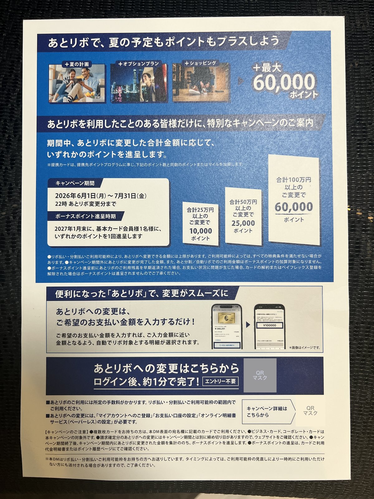 DM裏面。あとリボ変更額に応じて10,000〜60,000ポイントを進呈するキャンペーン条件の記載